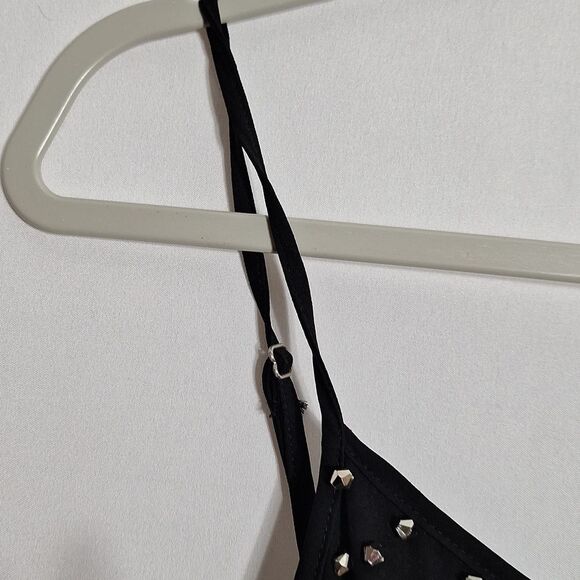 Black Mini Beaded Spaghetti Strap Dress Medium Goth Rock Punk Metal Slouchy Y2K - Picture 5 of 12